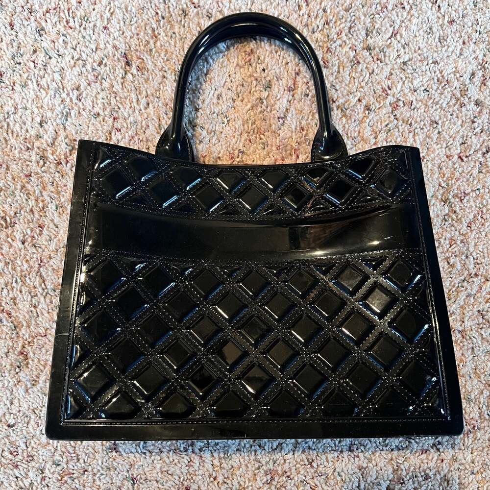 Black Quilted Patent Jelly Tote Handbag